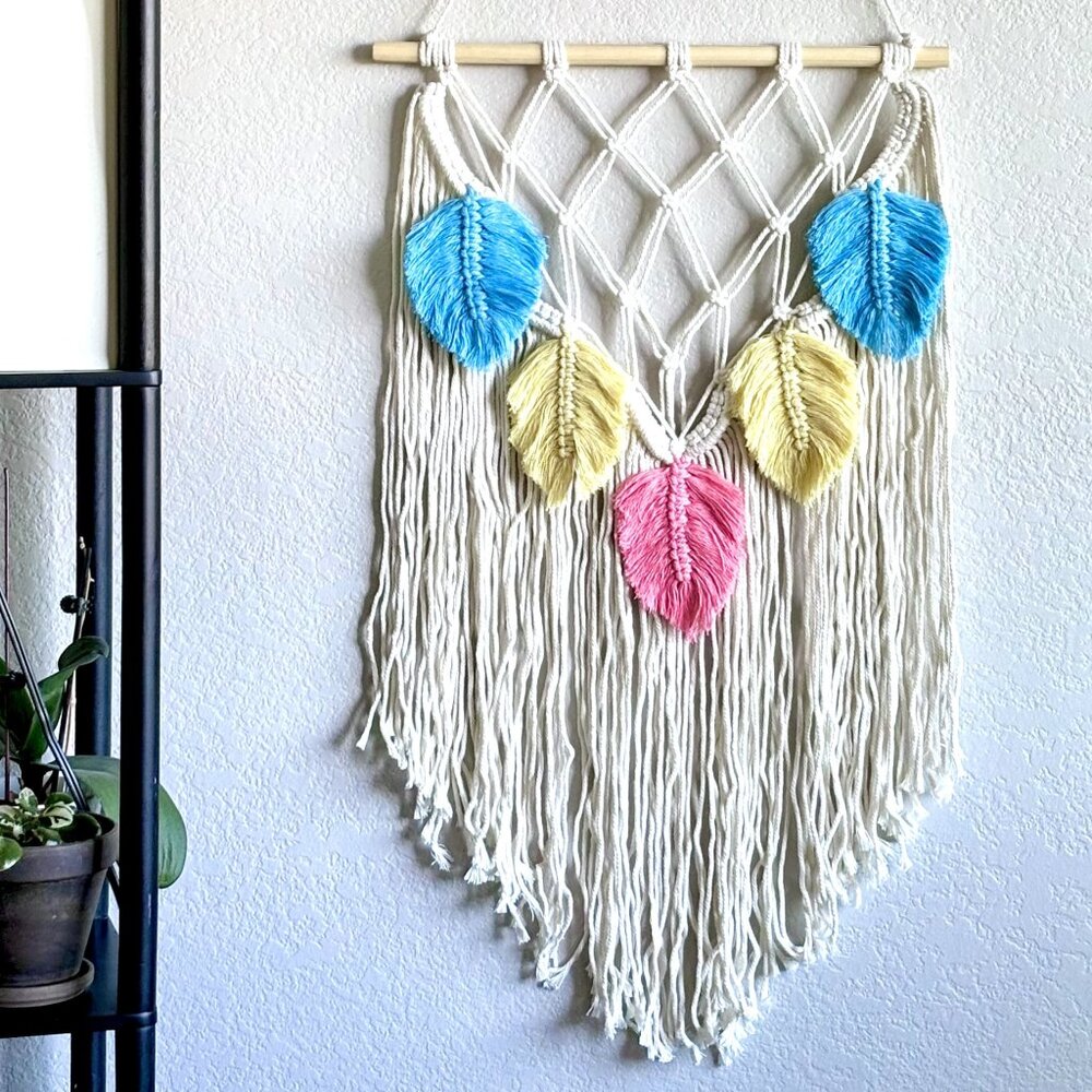 Nursery Décor Baby Children's Room Pink Blue Yellow Macramé Leaves Wall Hanging